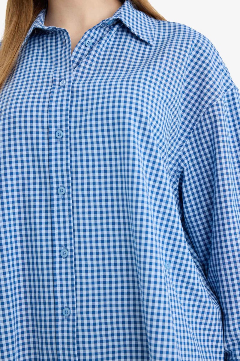 DeFacto Blue Woman Regular Fit Poplin Plaid Long Sleeve Tunic Casual - Image 5